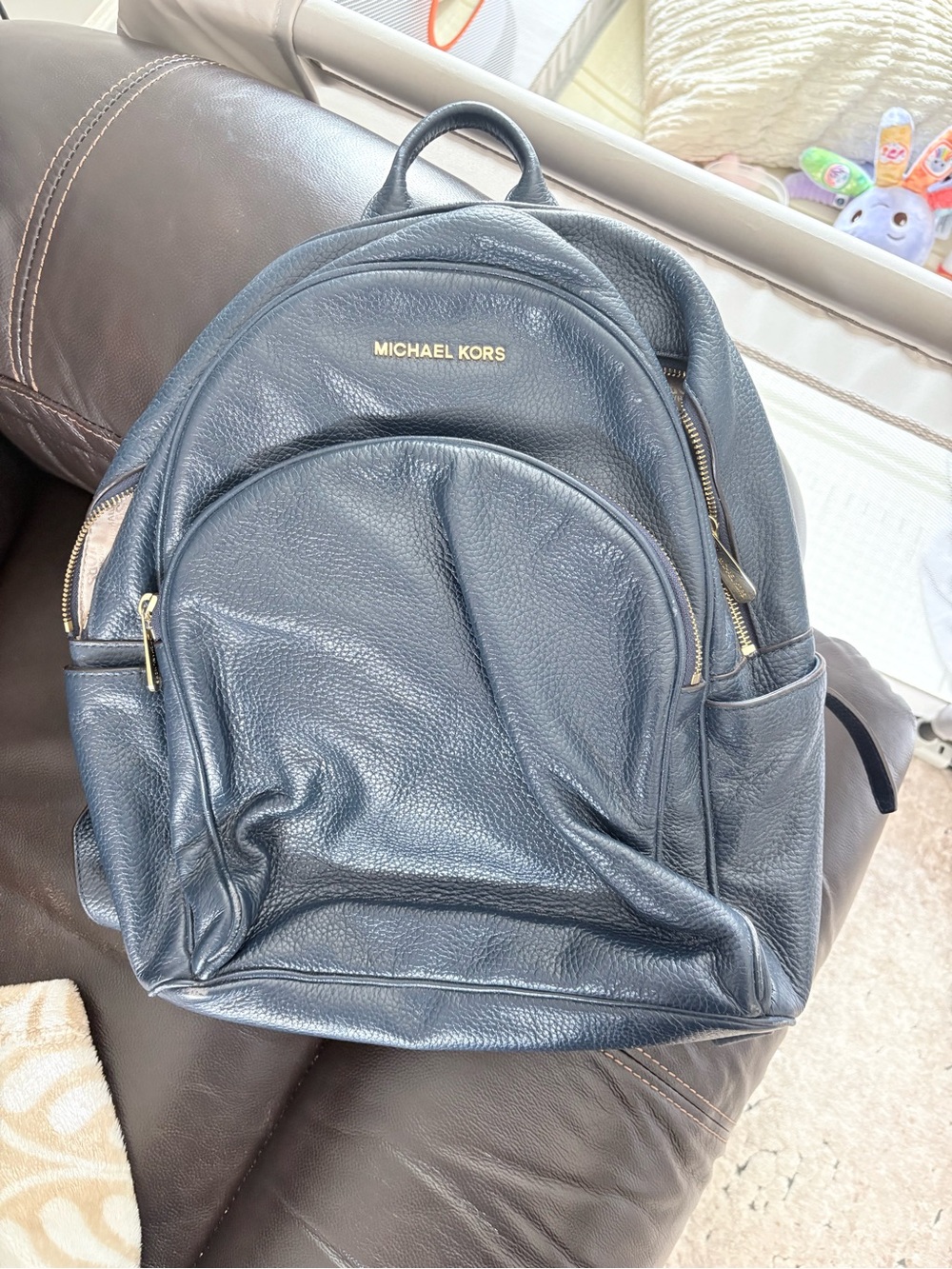 MICHAEL KORS Dark Navy Leather Backpack with Gold Hardware